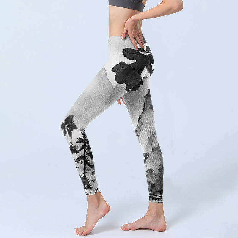 Buddha Stones Ink Painting Trees Mountains Scenery Print Gym Leggings Women's Yoga Pants - image 2