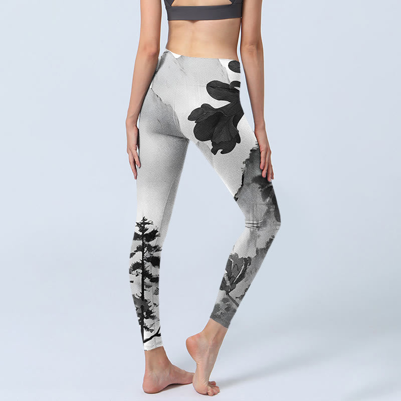 Buddha Stones Ink Painting Trees Mountains Scenery Print Gym Leggings Women's Yoga Pants - image 4