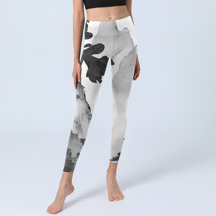 Buddha Stones Ink Painting Trees Mountains Scenery Print Gym Leggings Women's Yoga Pants - image 5