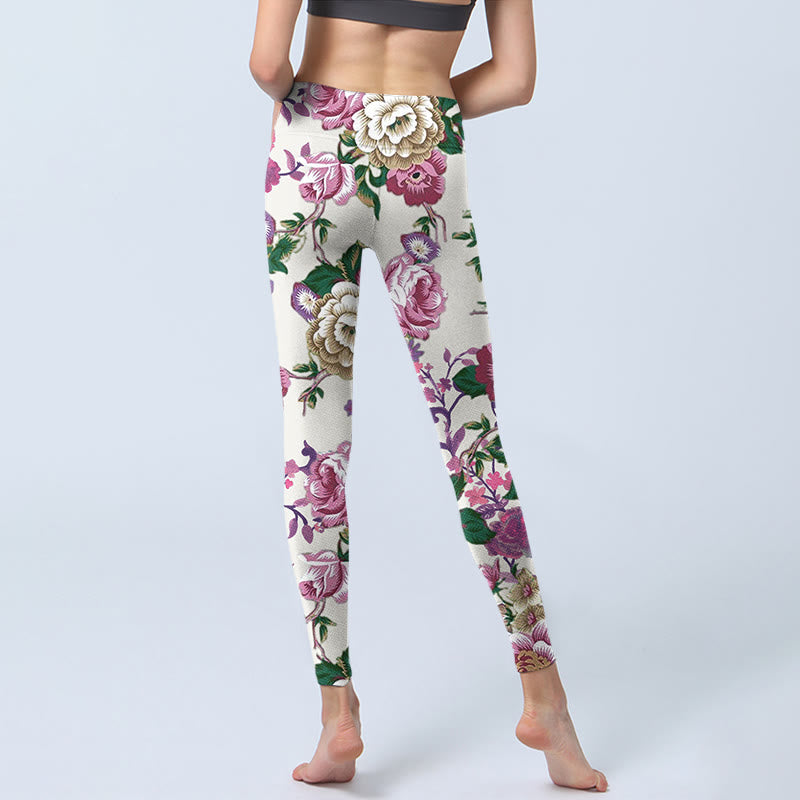Buddha Stones Red White Peony Flower Print Sports Leggings Women's Yoga Pants - image 6
