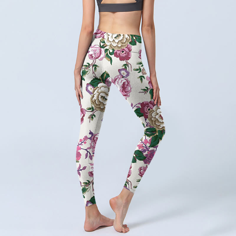 Buddha Stones Red White Peony Flower Print Sports Leggings Women's Yoga Pants - image 4