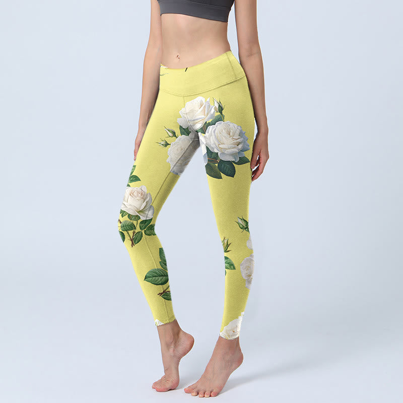 Buddha Stones Yellow White Rose Print Sports Leggings Women's Yoga Pants - Yellow - US18，UK/AU22，EU50 (4XL) - image 0