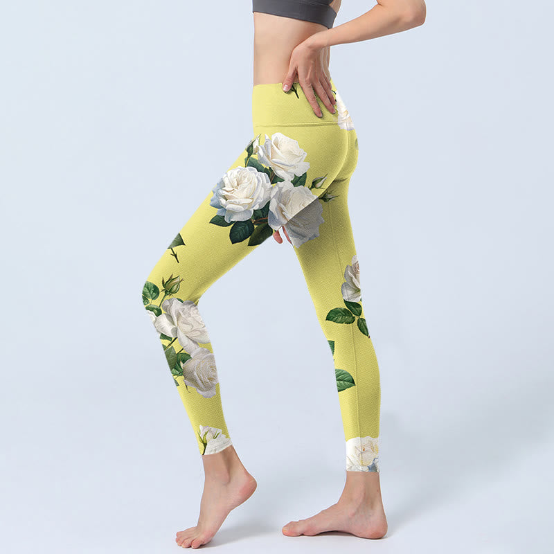 Buddha Stones Yellow White Rose Print Sports Leggings Women's Yoga Pants - image 2
