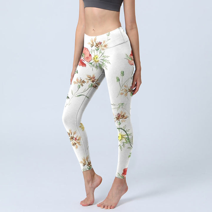 Buddha Stones White Daisy Red Flower Print Sports Leggings Women's Yoga Pants - Ivory - US18，UK/AU22，EU50 (4XL) - image 0
