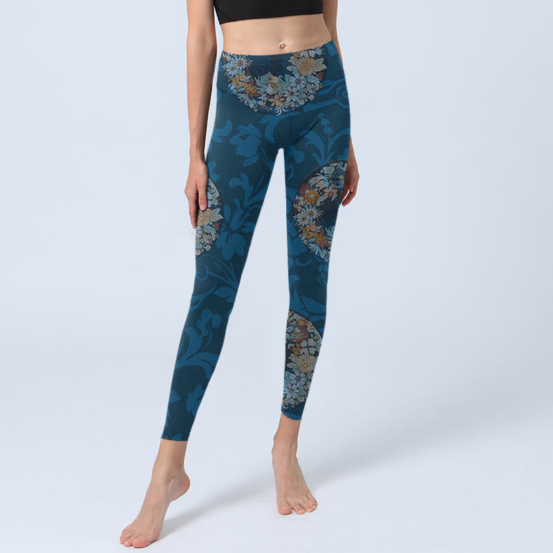 Buddha Stones Dark Blue Flowers In Bloom Print Sports Leggings Women's Yoga Pants - image 5