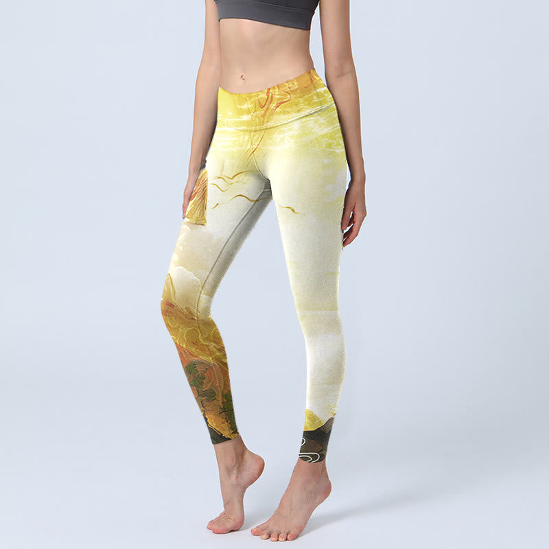 Buddha Stones Golden Auspicious Cloud Figure Print Fitness Leggings Women's Yoga Pants - LightGoldenrodYellow - US18，UK/AU22，EU50 (4XL) - image 0