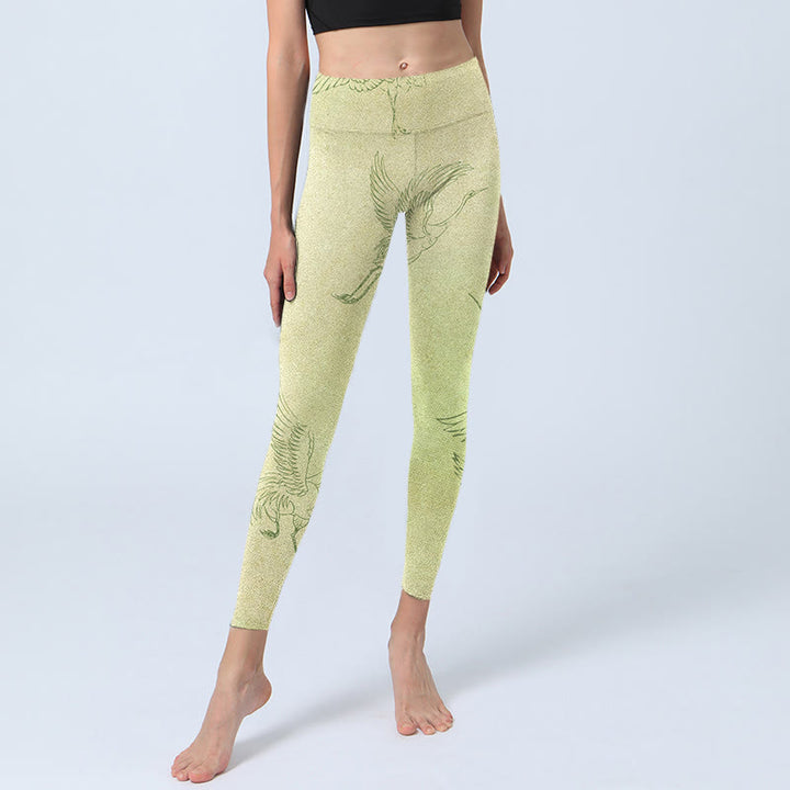 Buddha Stones Light Yellow Crane Print Sports Leggings Women's Yoga Pants - image 5