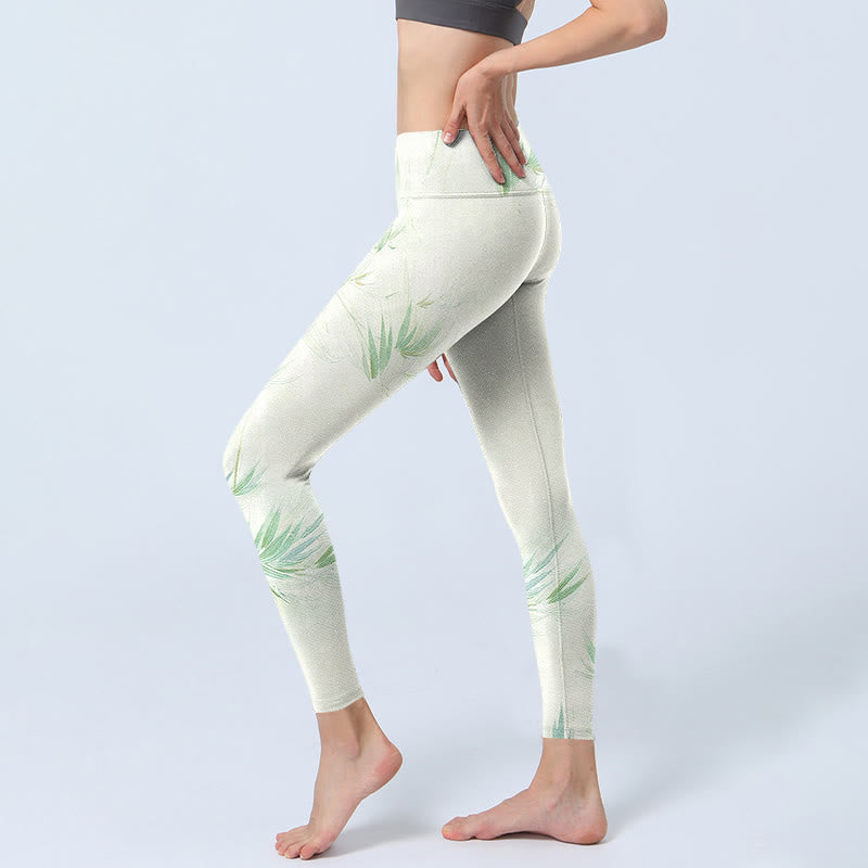 Buddha Stones Green Bamboo Leaves Print Sports Leggings Women's Yoga Pants - image 2
