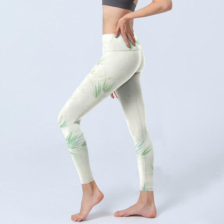 Buddha Stones Green Bamboo Leaves Print Sports Leggings Women's Yoga Pants - image 2