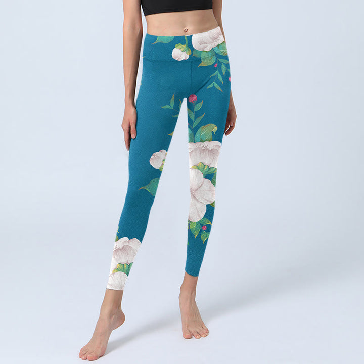 Buddha Stones Blue White Flowers Leaves Print Sports Leggings Women's Yoga Pants - image 5