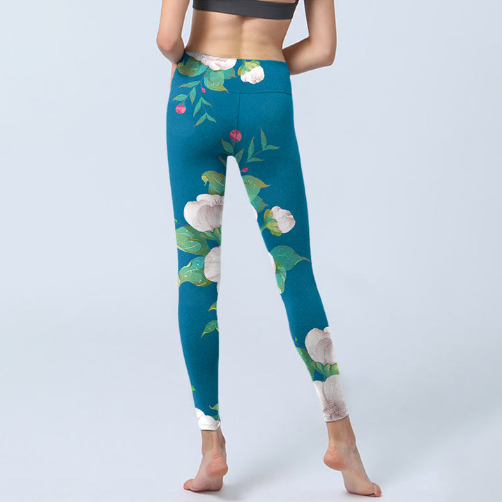 Buddha Stones Blue White Flowers Leaves Print Sports Leggings Women's Yoga Pants - image 6