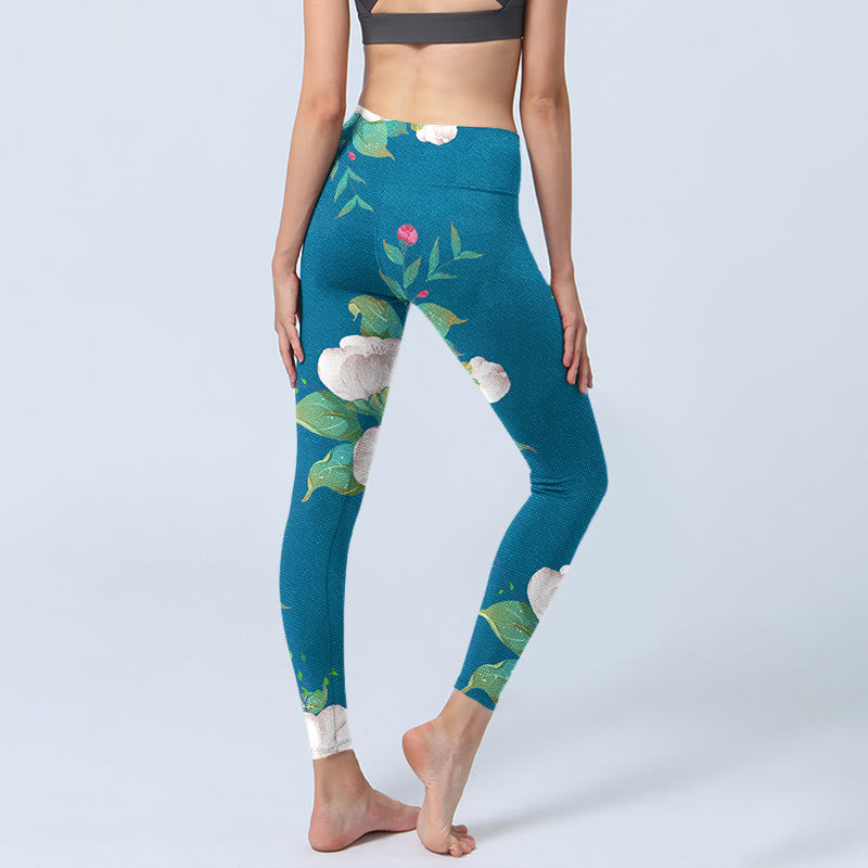 Buddha Stones Blue White Flowers Leaves Print Sports Leggings Women's Yoga Pants - image 4