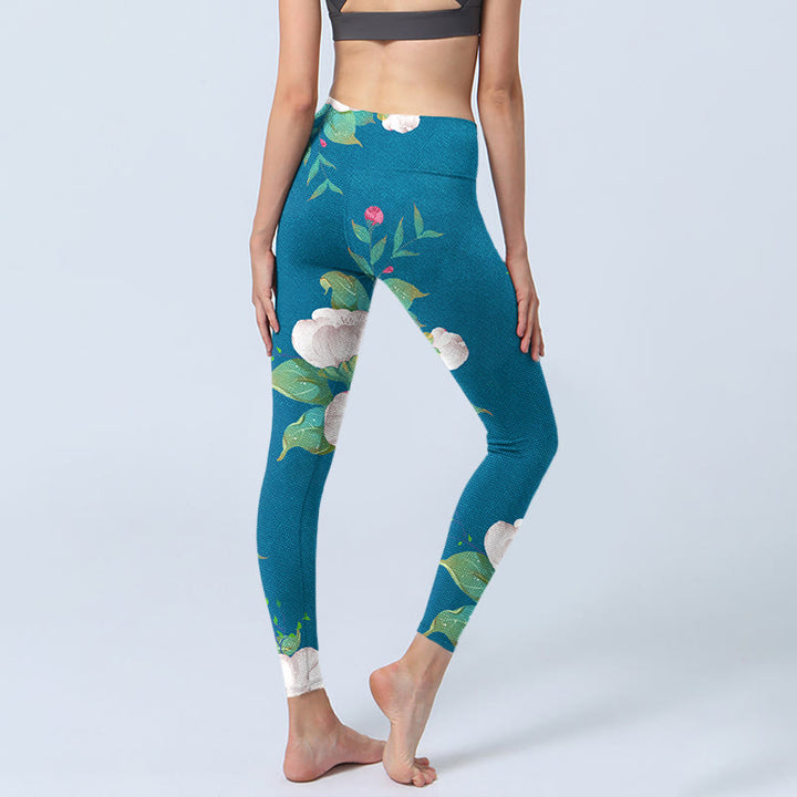 Buddha Stones Blue White Flowers Leaves Print Sports Leggings Women's Yoga Pants - image 4