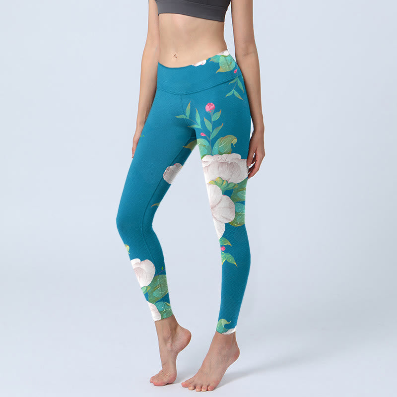Buddha Stones Blue White Flowers Leaves Print Sports Leggings Women's Yoga Pants - DeepSkyBlue - US18，UK/AU22，EU50 (4XL) - image 0