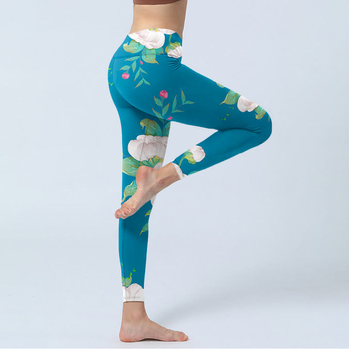 Buddha Stones Blue White Flowers Leaves Print Sports Leggings Women's Yoga Pants - image 3