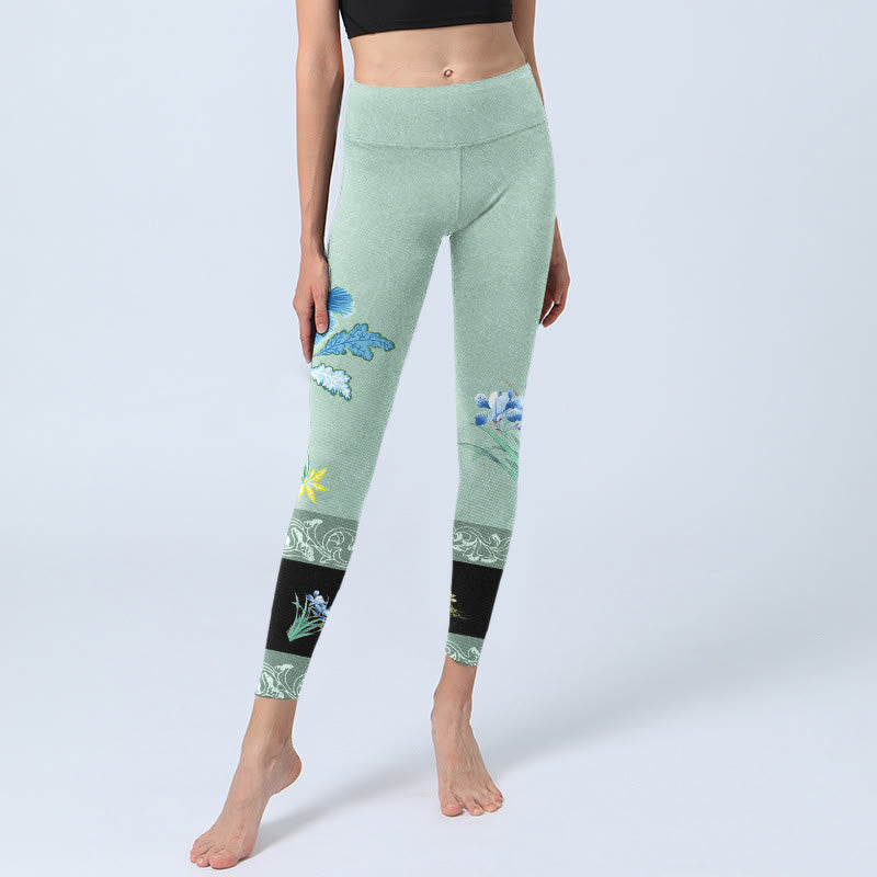 Buddha Stones Mint Green Blue Peony Butterfly Print Sports Leggings Women's Yoga Pants - image 5