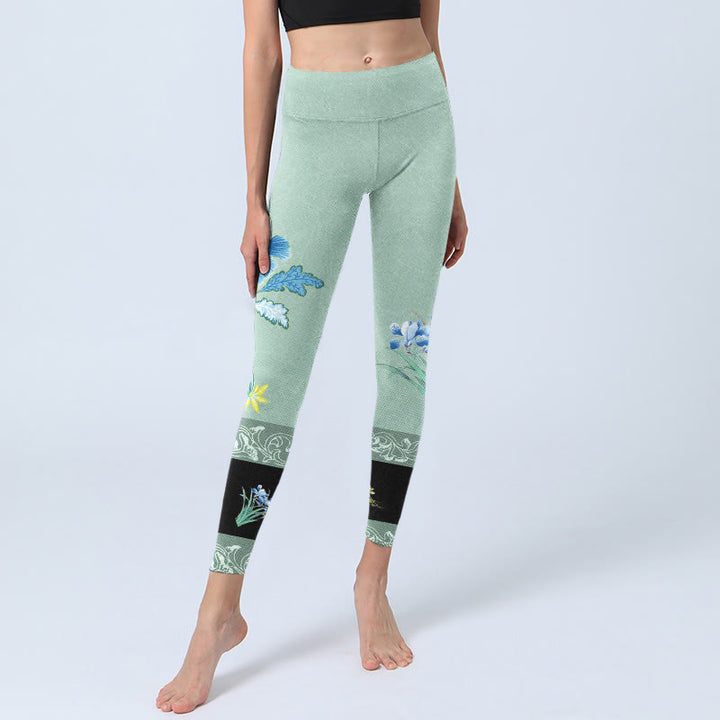 Buddha Stones Mint Green Blue Peony Butterfly Print Sports Leggings Women's Yoga Pants - image 5
