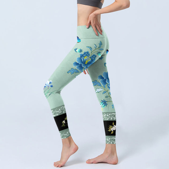 Buddha Stones Mint Green Blue Peony Butterfly Print Sports Leggings Women's Yoga Pants - image 2
