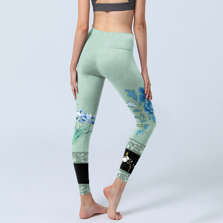 Buddha Stones Mint Green Blue Peony Butterfly Print Sports Leggings Women's Yoga Pants - image 4