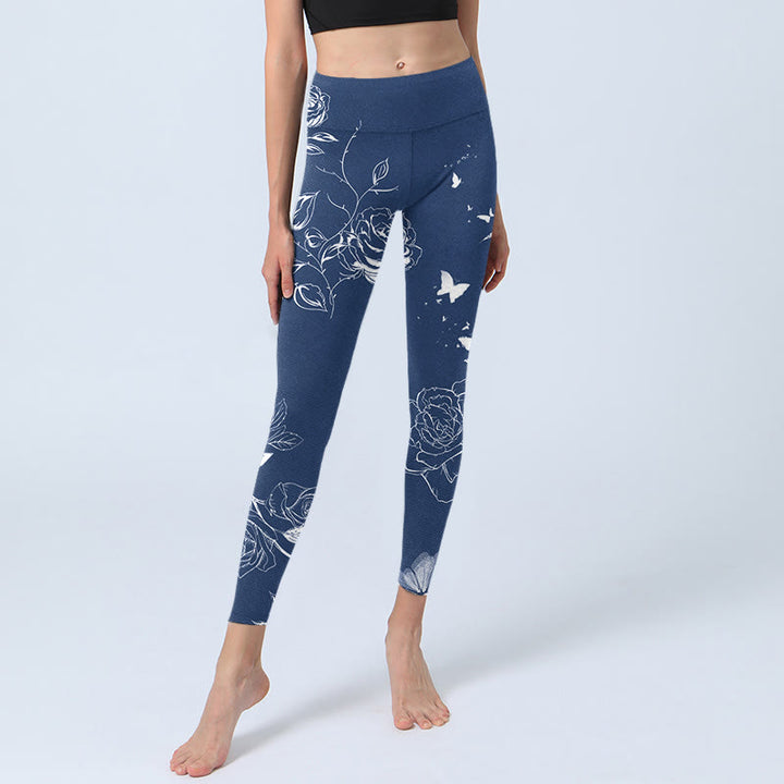 Buddha Stones Blue Rose Butterfly Print Sports Leggings Women's Yoga Pants - image 6