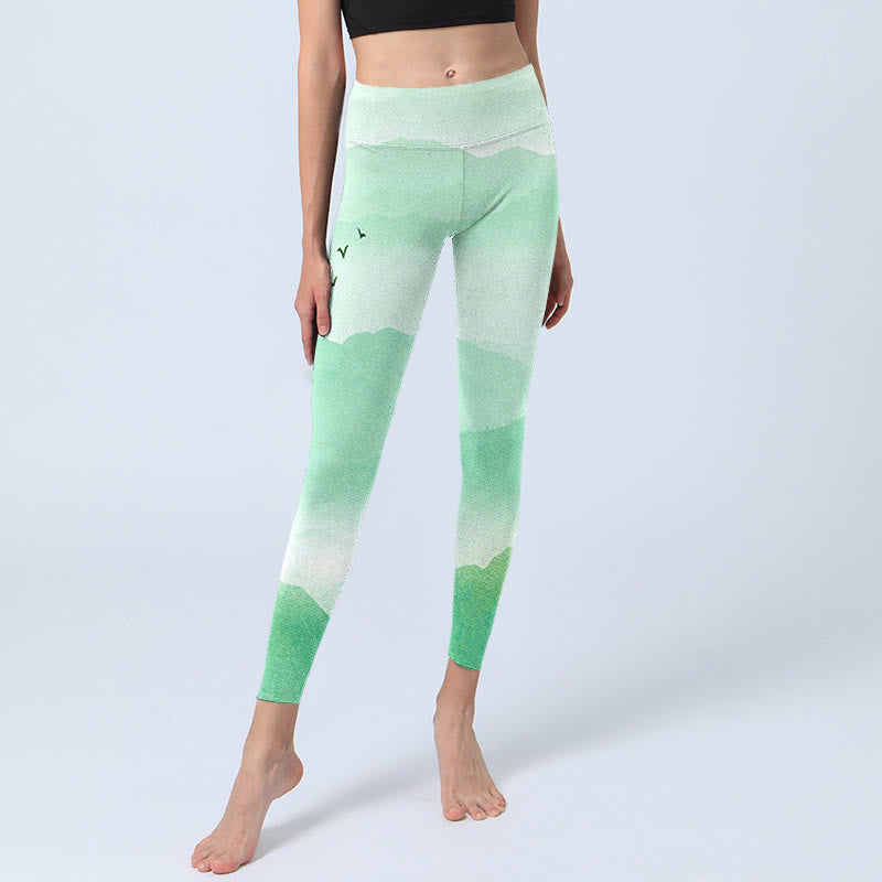 Buddha Stones Mint Cream Mountains Wild Goose Print Sports Leggings Women's Yoga Pants - image 5