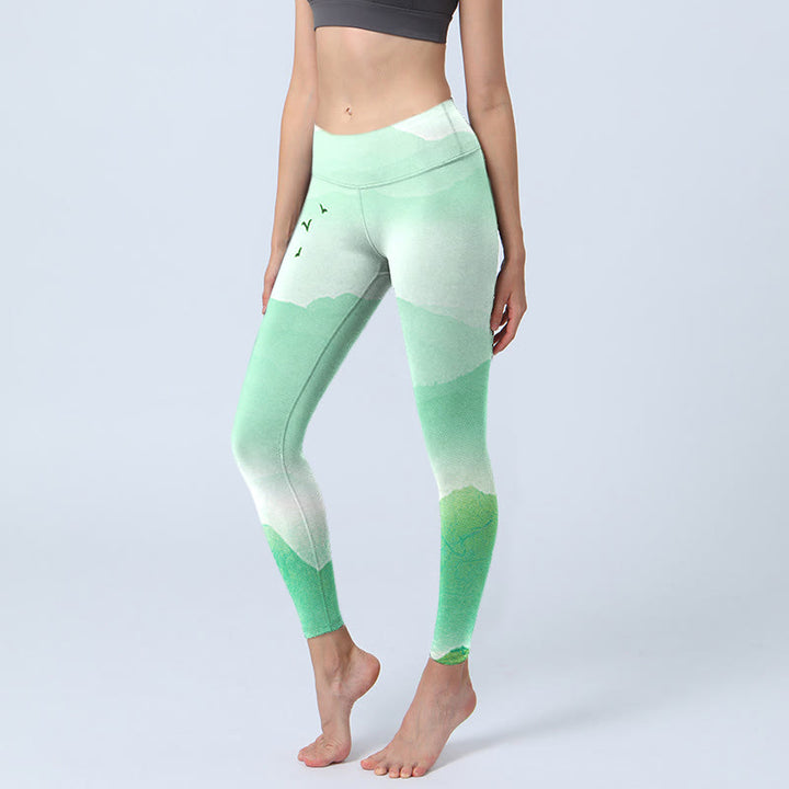 Buddha Stones Mint Cream Mountains Wild Goose Print Sports Leggings Women's Yoga Pants - MintCream - US18，UK/AU22，EU50 (4XL) - image 0