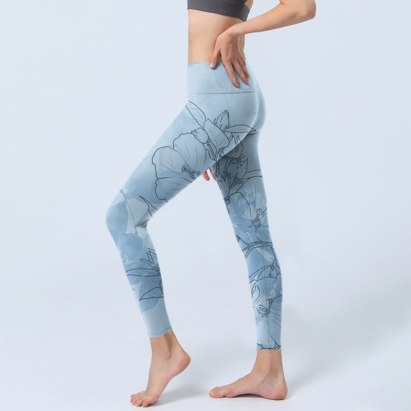 Buddha Stones Blue Flower Sketch Print Sports Leggings Women's Yoga Pants - image 2