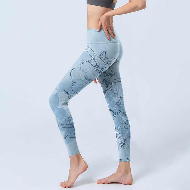 Buddha Stones Blue Flower Sketch Print Sports Leggings Women's Yoga Pants - image 2