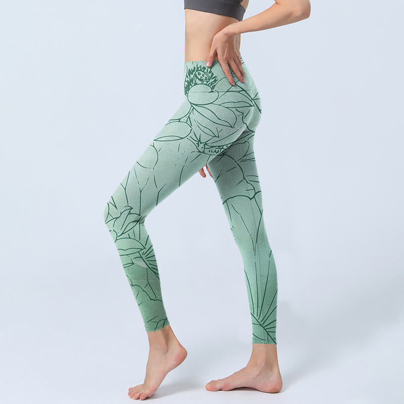 Buddha Stones Green Lotus Flower Print Sports Leggings Women's Yoga Pants - image 2