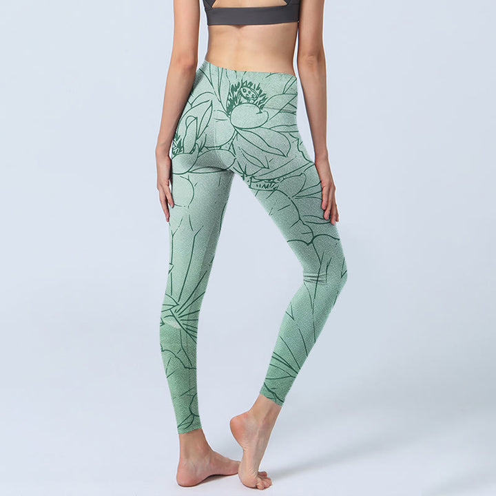 Buddha Stones Green Lotus Flower Print Sports Leggings Women's Yoga Pants - image 4