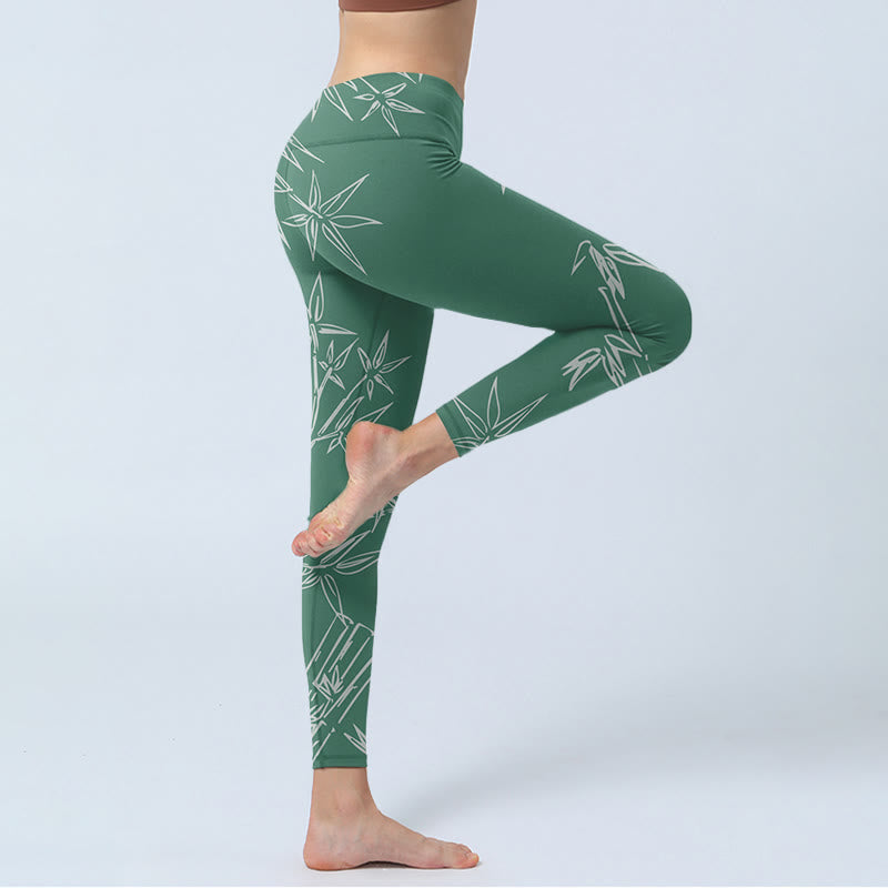 Buddha Stones Green White Bamboo Leaves Print Gym Leggings Women's Yoga Pants - image 3