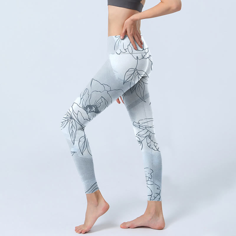 Buddha Stones Peony Flower Leaves Print Gym Leggings Women's Yoga Pants - image 2