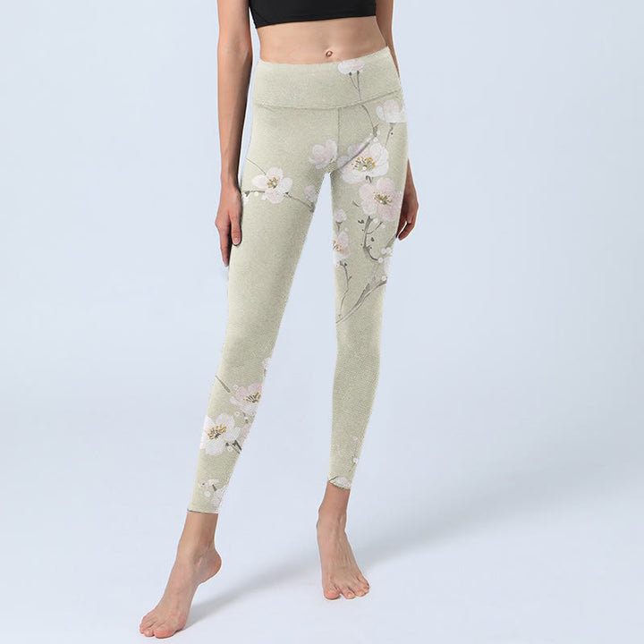 Buddha Stones Beige Plum Blossoms Print Gym Leggings Women's Yoga Pants - image 5