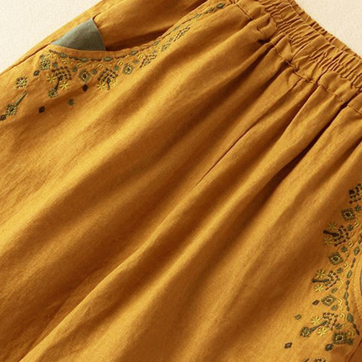 Buddha Stones Vintage Embroidery Elastic Waist Capri Harem Pants With Pockets - image 2