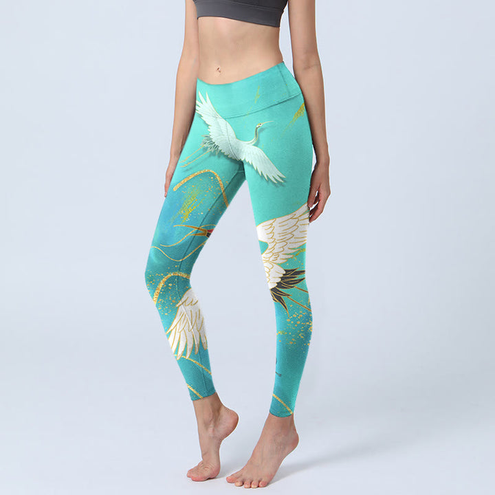 Buddha Stones Mint Green Mountain Crane Print Fitness Leggings Women's Yoga Pants - MediumTurquoise - US18，UK/AU22，EU50 (4XL) - image 0