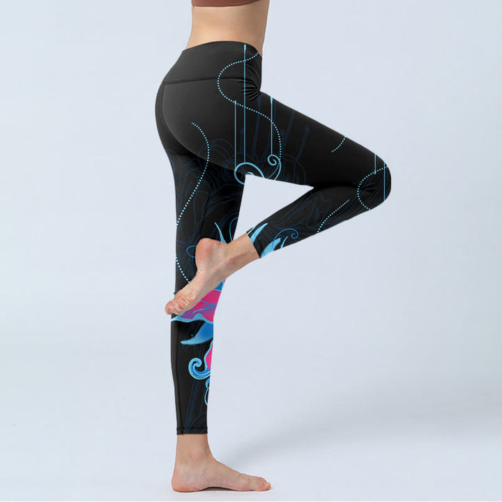 Buddha Stones Black Pink Blue Flowers Print Fitness Leggings Women's Yoga Pants - image 4