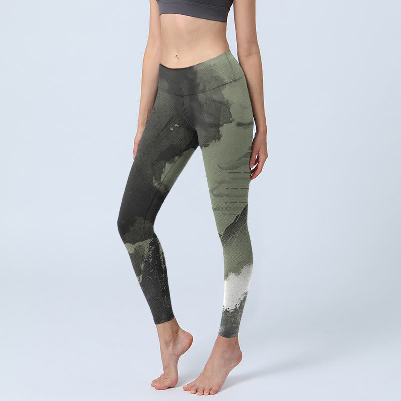 Buddha Stones Ink Painting Mountain Pavilion Print Fitness Leggings Women's Yoga Pants - Gray - US18，UK/AU22，EU50 (4XL) - image 0