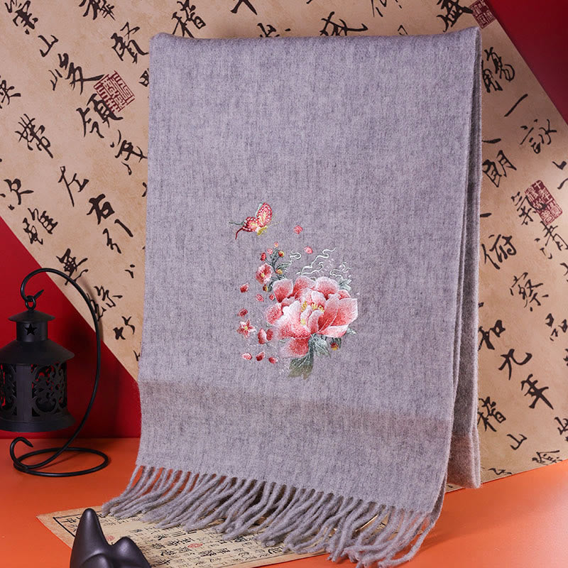 Buddha Stones Wool Shawl Pink Peony Butterfly Embroidery Tassel Winter Cozy Travel Scarf Wrap - 180*37cm - image 0