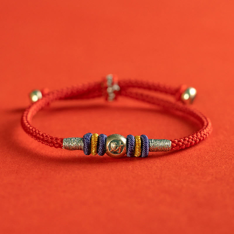 Buddha Stones Red String Chinese Characters Protection Bracelet - 925 Sterling Silver-Cai - 18-19cm - image 0