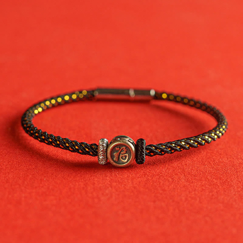 Buddha Stones Braided String 925 Sterling Silver Fu Character Faith Bracelet - Black - 19cm - image 8