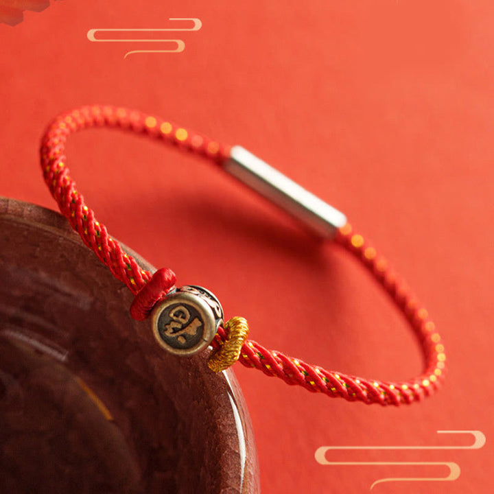 Buddha Stones Braided String 925 Sterling Silver Fu Character Faith Bracelet - image 1