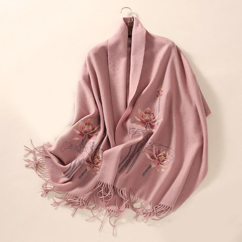 Buddha Stones Wool Shawl Lotus Embroidery Tassel Winter Cozy Travel Scarf Wrap - image 5