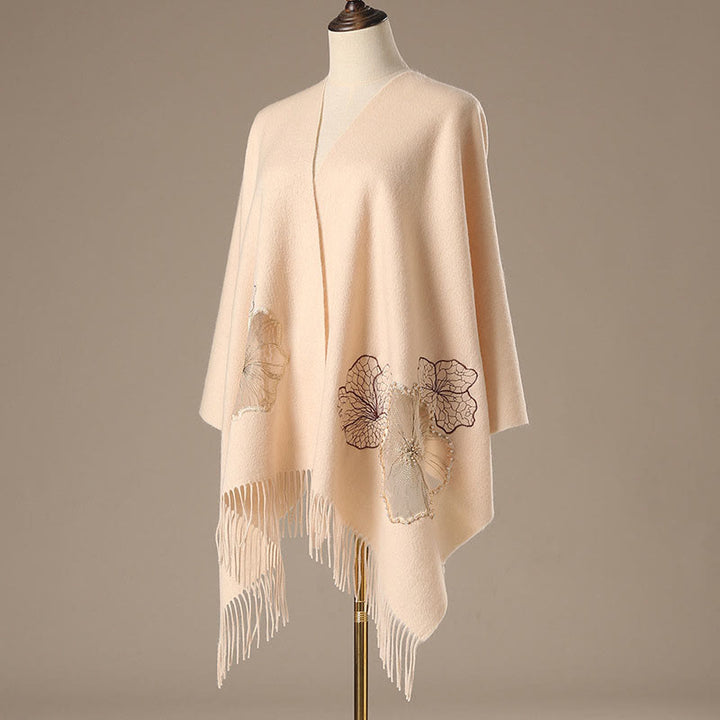 Buddha Stones Wool Shawl Lotus Leaf Embroidery Tassel Winter Cozy Travel Scarf Wrap - PeachPuff - 200*60cm - image 7
