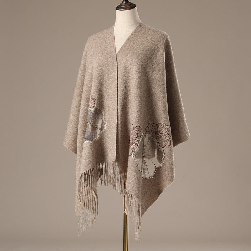 Buddha Stones Wool Shawl Lotus Leaf Embroidery Tassel Winter Cozy Travel Scarf Wrap - Tan - 200*60cm - image 0