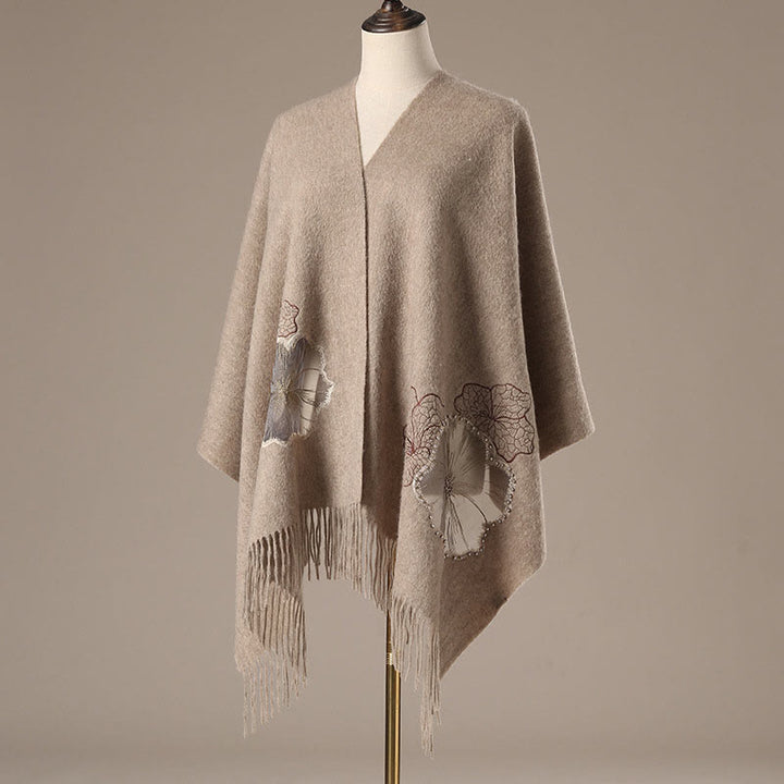 Buddha Stones Wool Shawl Lotus Leaf Embroidery Tassel Winter Cozy Travel Scarf Wrap - Tan - 200*60cm - image 0