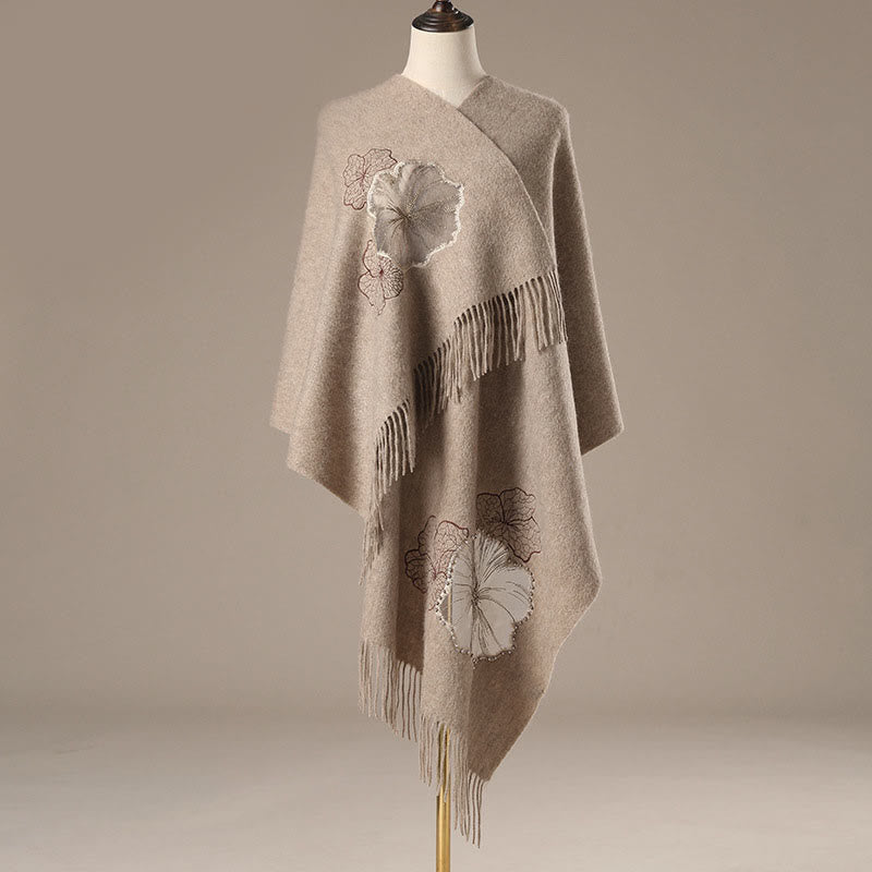Buddha Stones Wool Shawl Lotus Leaf Embroidery Tassel Winter Cozy Travel Scarf Wrap - image 1