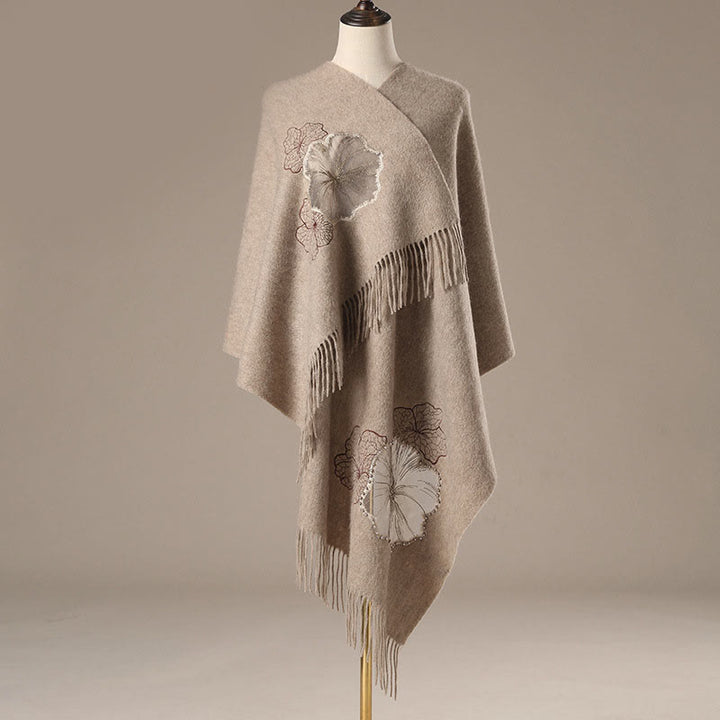 Buddha Stones Wool Shawl Lotus Leaf Embroidery Tassel Winter Cozy Travel Scarf Wrap - image 1