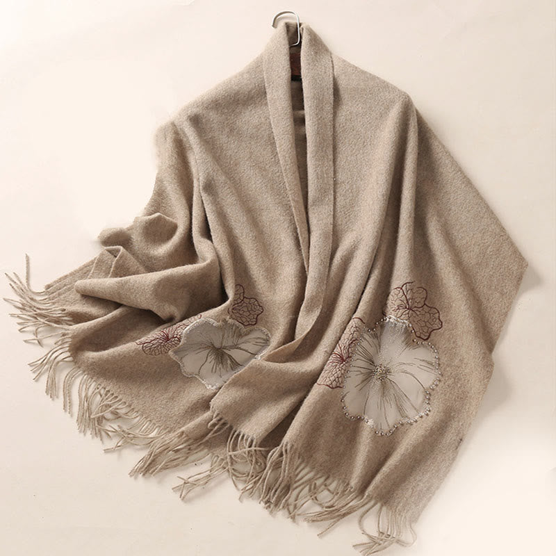 Buddha Stones Wool Shawl Lotus Leaf Embroidery Tassel Winter Cozy Travel Scarf Wrap - image 2