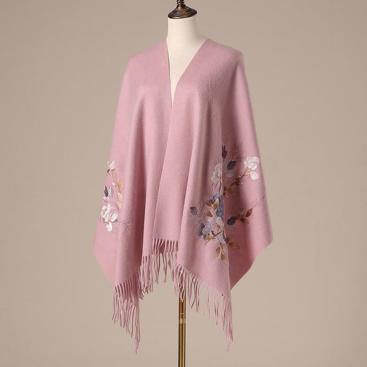 Buddha Stones Wool Shawl Weiyang Flower Embroidery Tassel Winter Cozy Travel Scarf Wrap - LightPink - 200*60cm - image 10