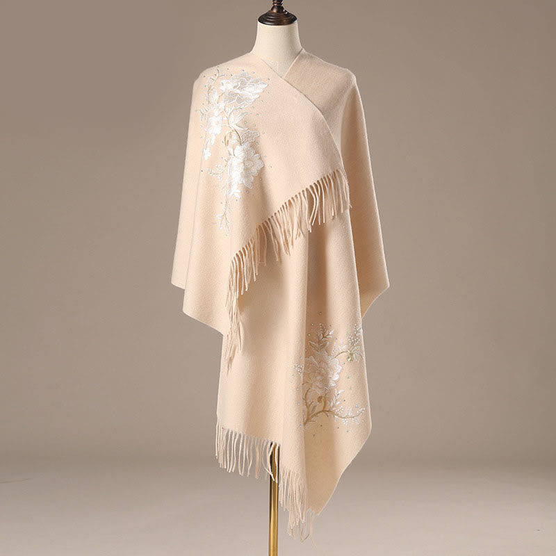 Buddha Stones Wool Shawl White Flower Embroidery Tassel Winter Cozy Travel Scarf Wrap - PeachPuff - image 0